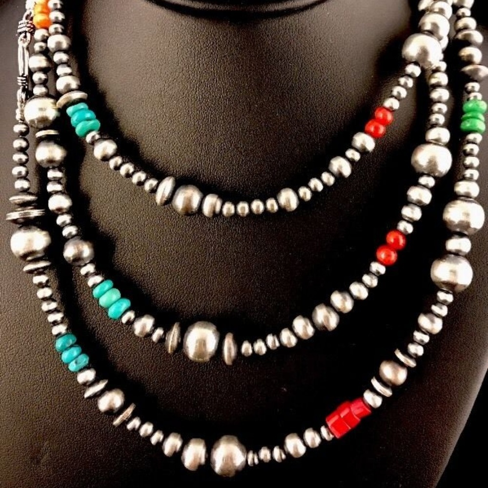 Navajo Pearls Sterling Silver Bead Necklace 51"